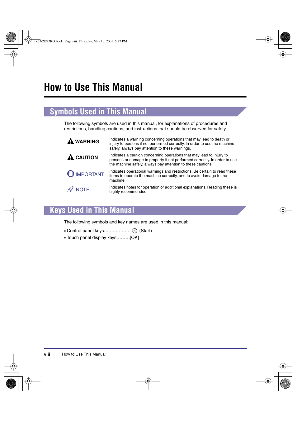 How to use this manual, Symbols used in this manual, Keys used in this manual | Canon IR3300 User Manual | Page 10 / 129