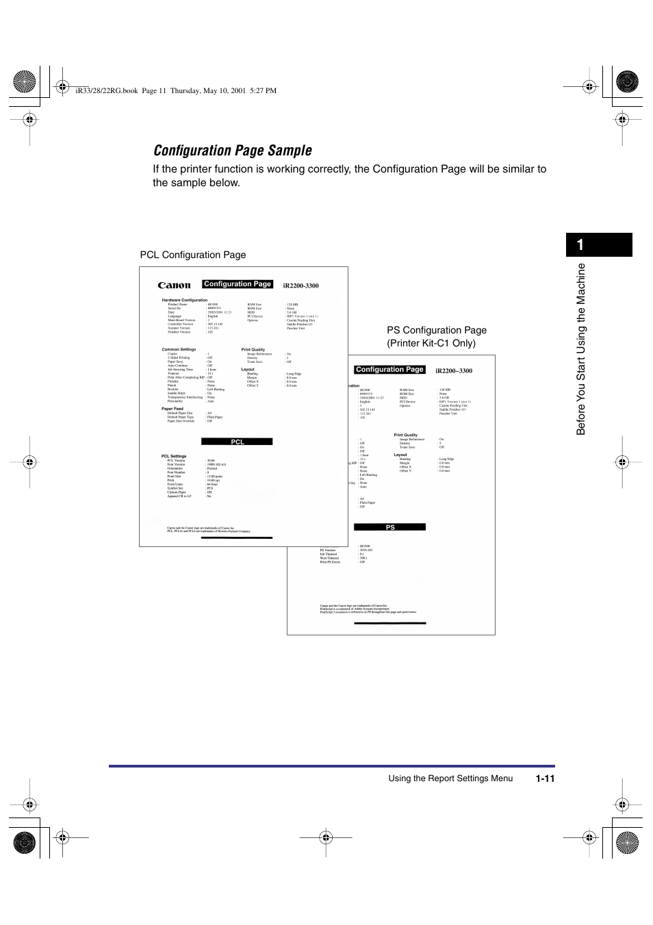 Configuration page sample | Canon IR3300 User Manual | Page 25 / 129