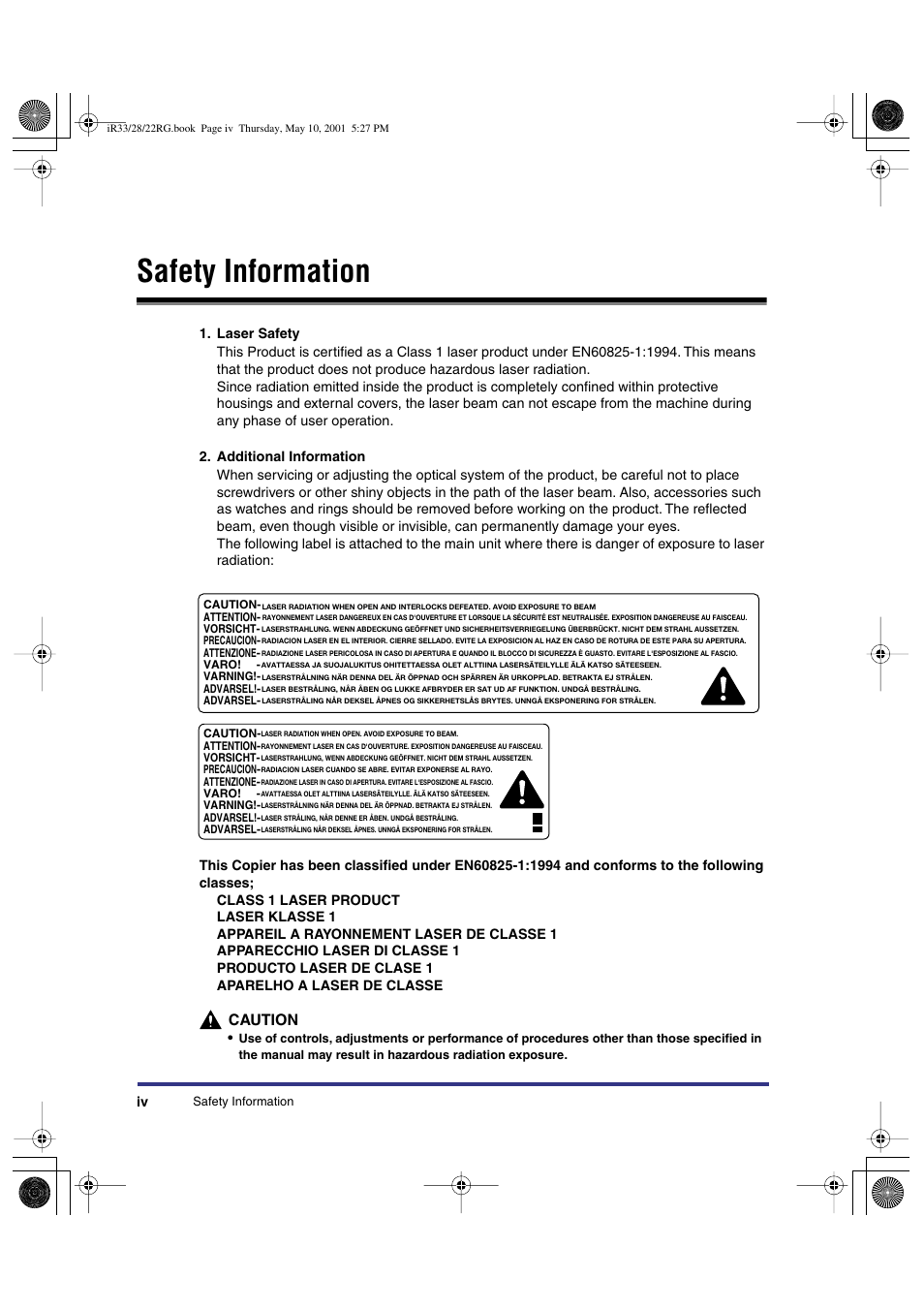 Safety information, Caution | Canon IR3300 User Manual | Page 6 / 129