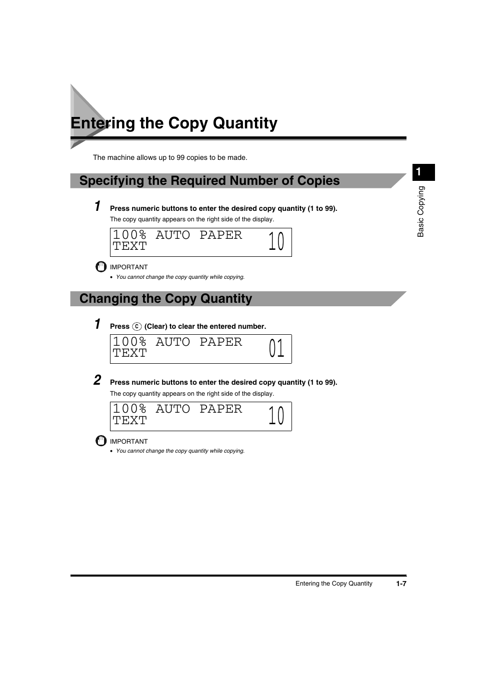 Entering the copy quantity, Entering the copy quantity -7, 100% auto paper text | Canon IR1600 User Manual | Page 13 / 70