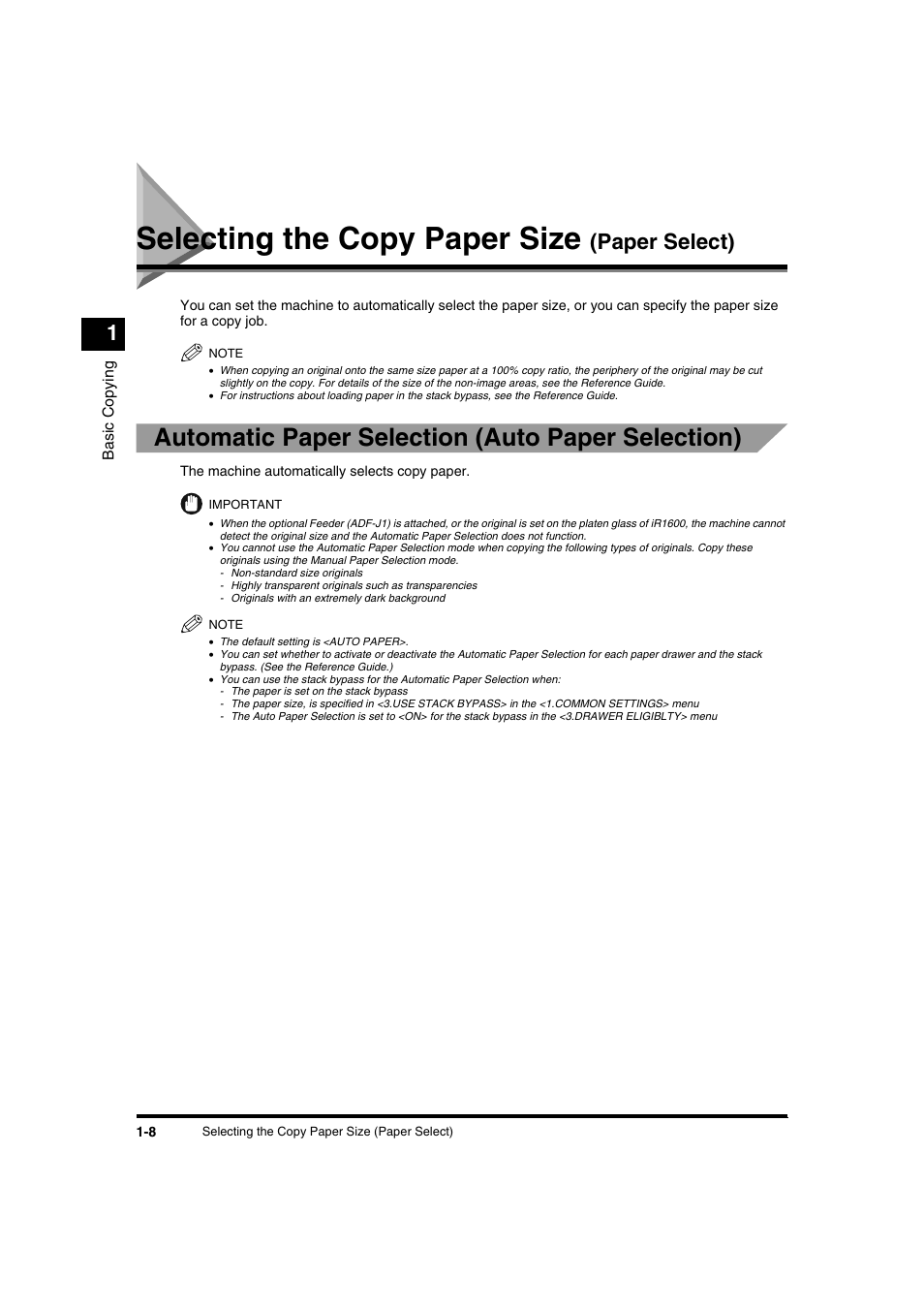 Selecting the copy paper size (paper select), Selecting the copy paper size (paper select) -8, Selecting the copy paper size | Automatic paper selection (auto paper selection), Paper select) | Canon IR1600 User Manual | Page 14 / 70