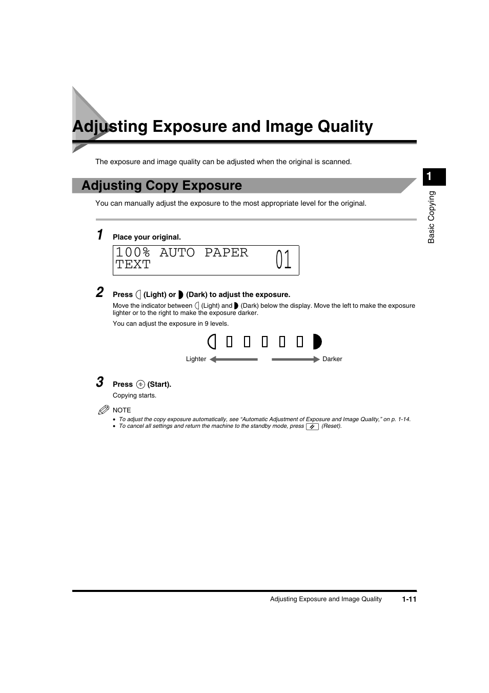 Adjusting exposure and image quality, Adjusting exposure and image quality -11, 100% auto paper text | Adjusting copy exposure | Canon IR1600 User Manual | Page 17 / 70