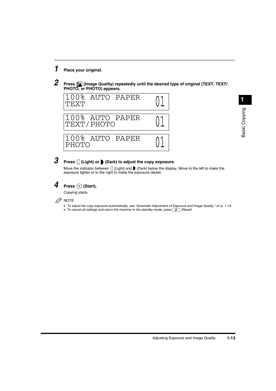 100% auto paper text, 100% auto paper text/photo, 100% auto paper photo | Canon IR1600 User Manual | Page 19 / 70