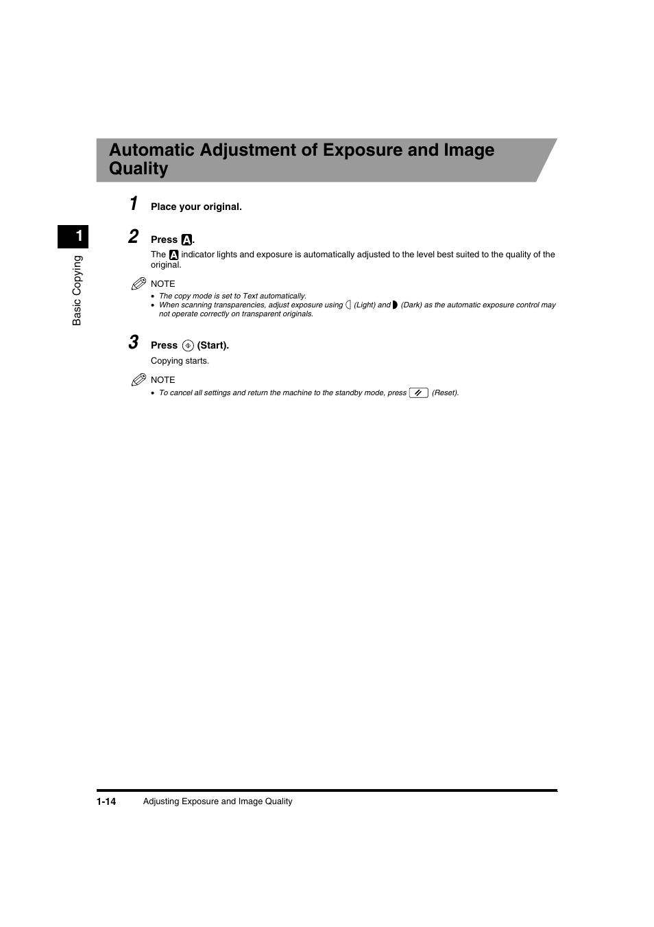 Automatic adjustment of exposure and image quality | Canon IR1600 User Manual | Page 20 / 70