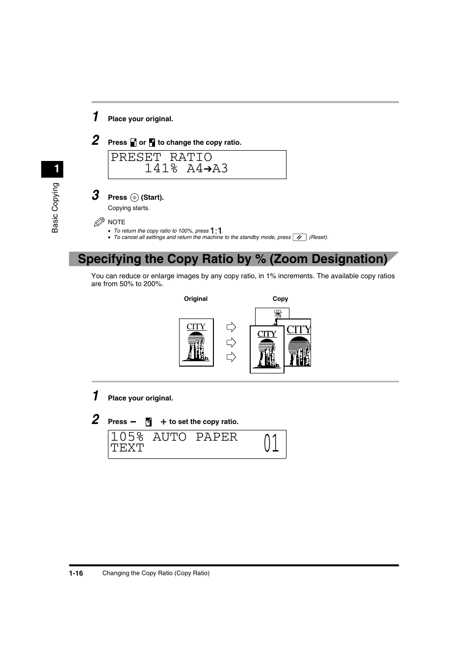 Preset ratio 141% a4, A3 105% auto paper text, Specifying the copy ratio by % (zoom designation) | City | Canon IR1600 User Manual | Page 22 / 70