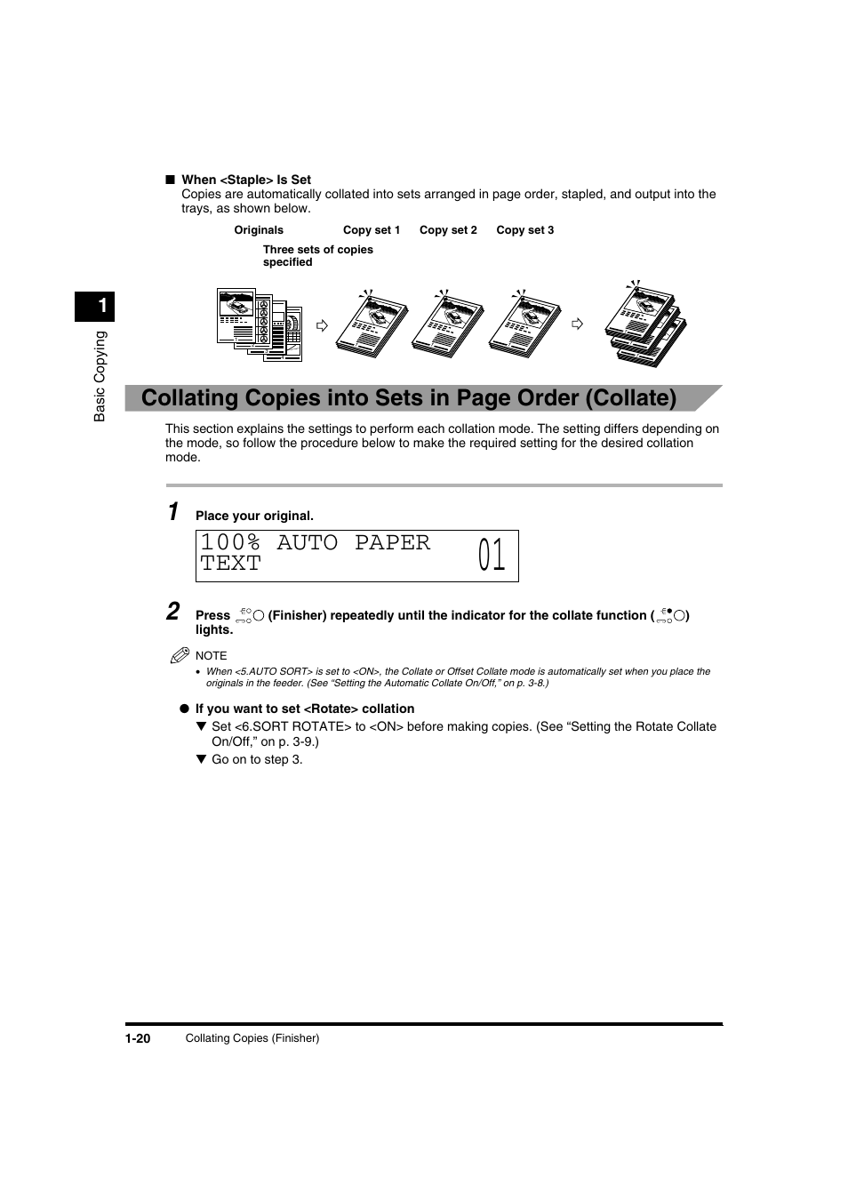 100% auto paper text, Collating copies into sets in page order (collate) | Canon IR1600 User Manual | Page 26 / 70