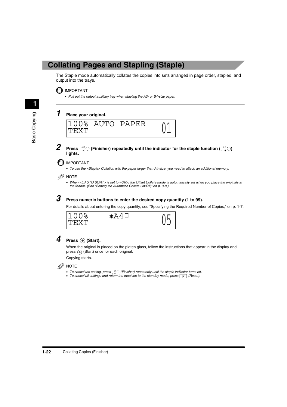 100% auto paper text, A4 text, Collating pages and stapling (staple) | Canon IR1600 User Manual | Page 28 / 70