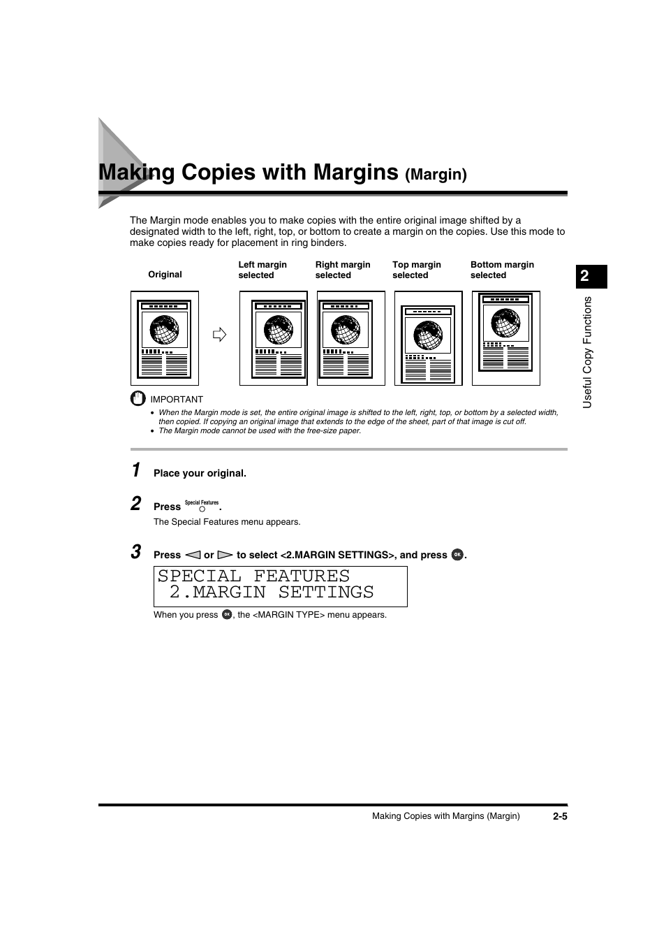 Making copies with margins (margin), Making copies with margins (margin) -5, Making copies with margins | Special features 2.margin settings, Margin) | Canon IR1600 User Manual | Page 37 / 70