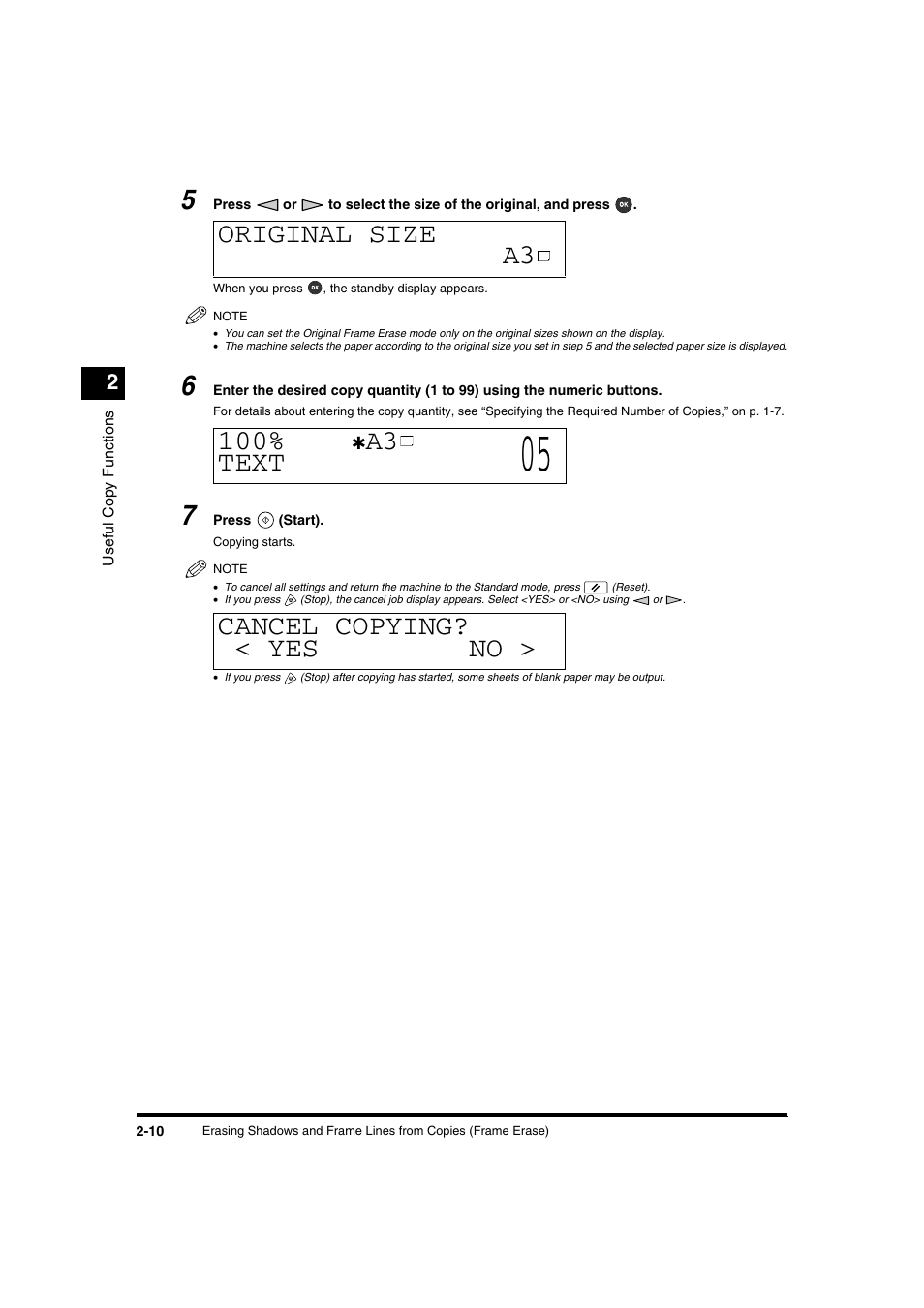 Original size a3 100, A3 text, Cancel copying? < yes no | Canon IR1600 User Manual | Page 42 / 70