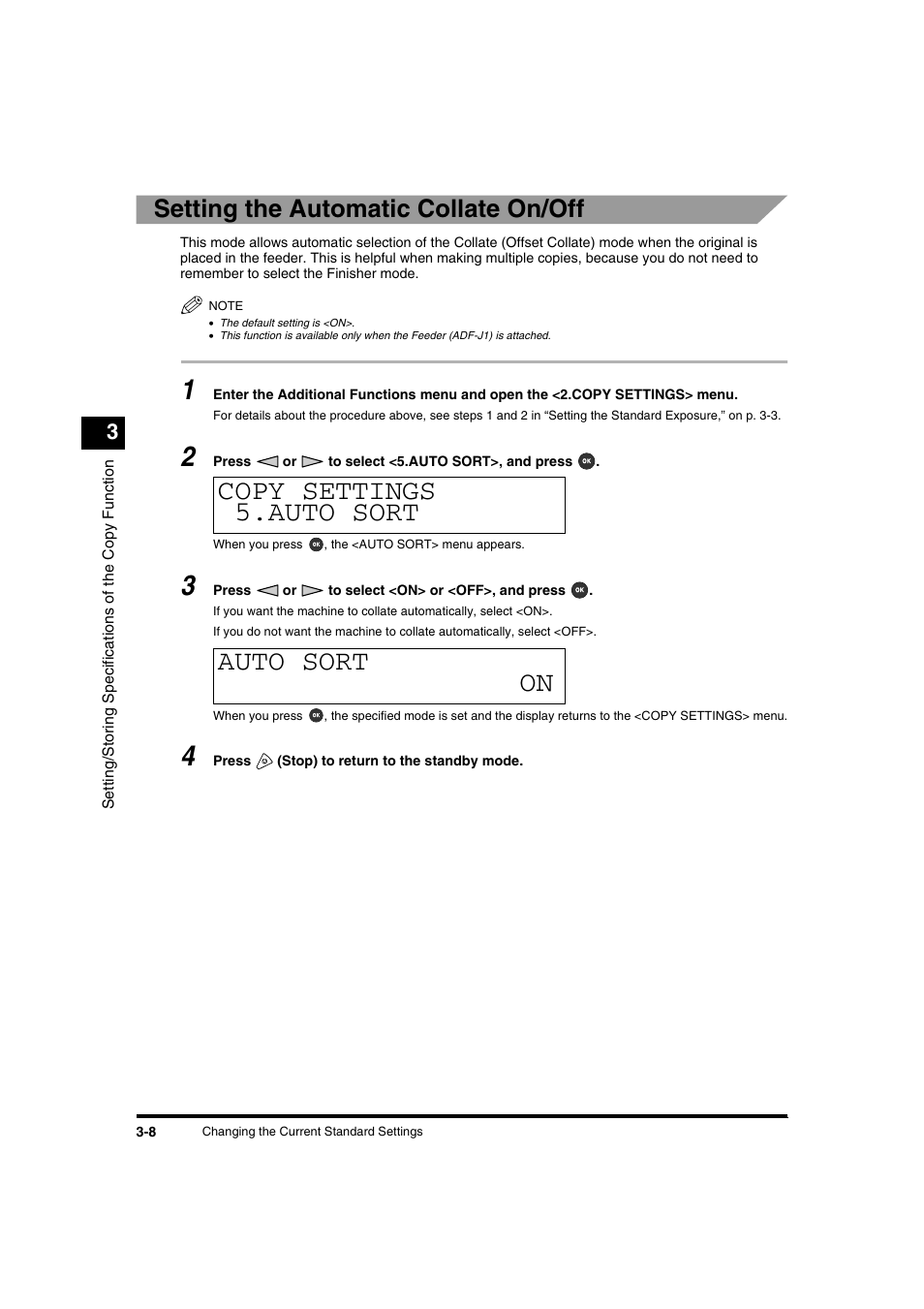 Copy settings 5.auto sort auto sort on, Setting the automatic collate on/off | Canon IR1600 User Manual | Page 58 / 70