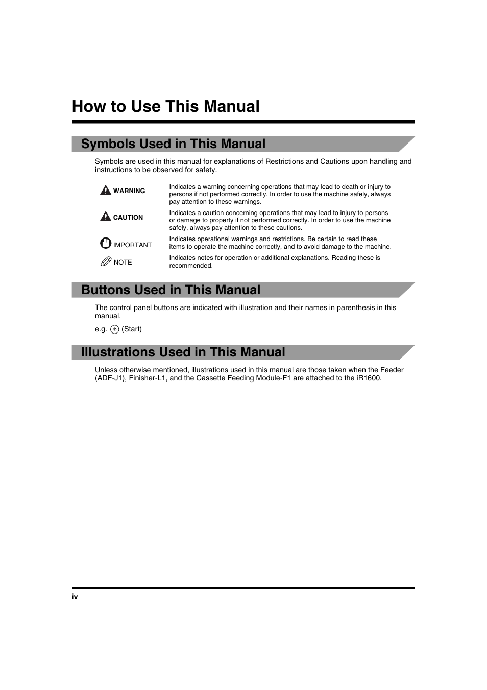 How to use this manual, Symbols used in this manual, Buttons used in this manual | Illustrations used in this manual | Canon IR1600 User Manual | Page 6 / 70