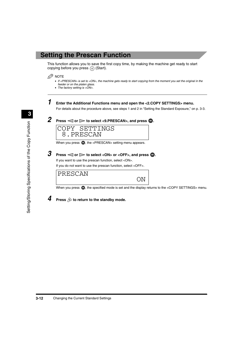 Copy settings 8.prescan prescan on, Setting the prescan function | Canon IR1600 User Manual | Page 62 / 70