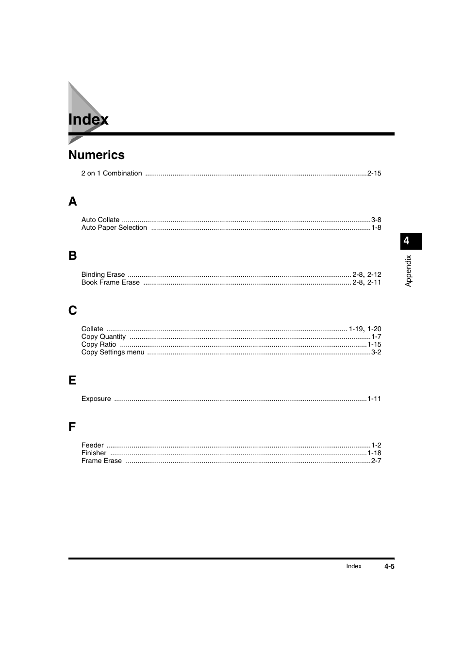 Index, Index -5, Numerics | Canon IR1600 User Manual | Page 67 / 70