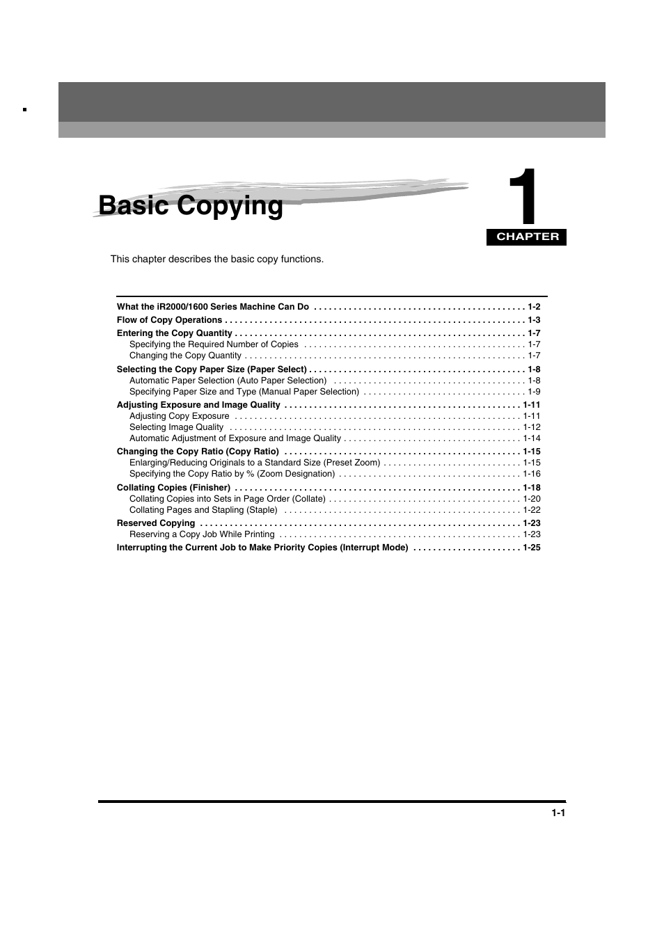 Chapter 1, Basic copying | Canon IR1600 User Manual | Page 7 / 70