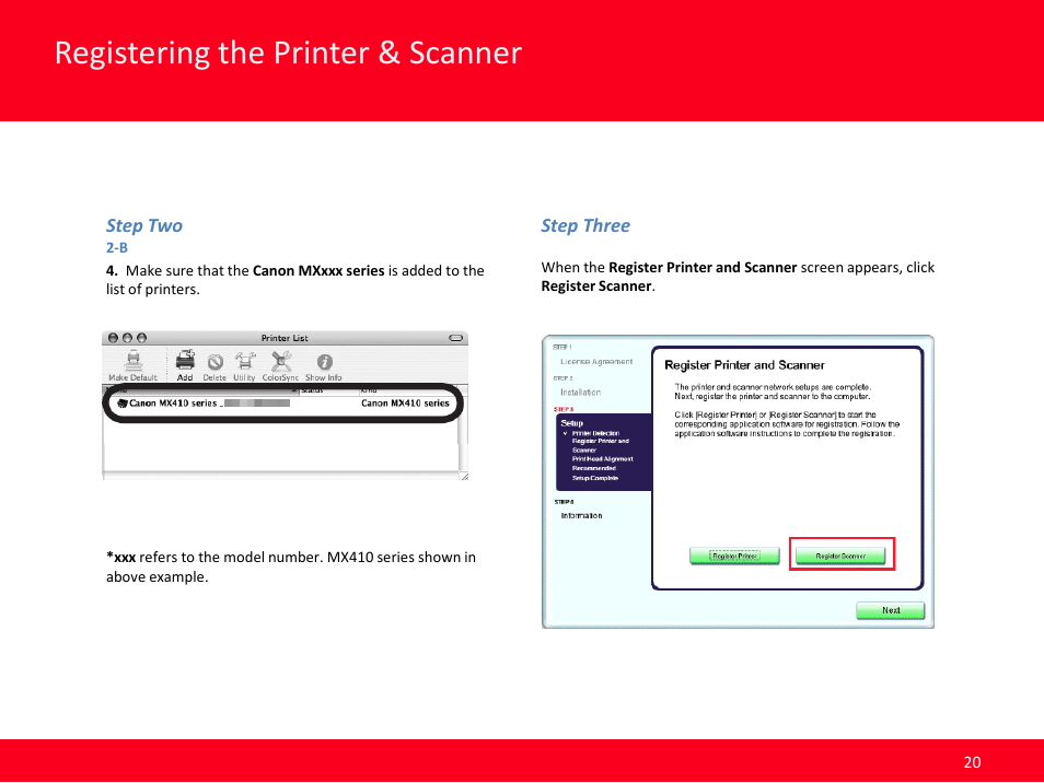 Registering the printer & scanner | Canon MX420 User Manual | Page 20 / 24