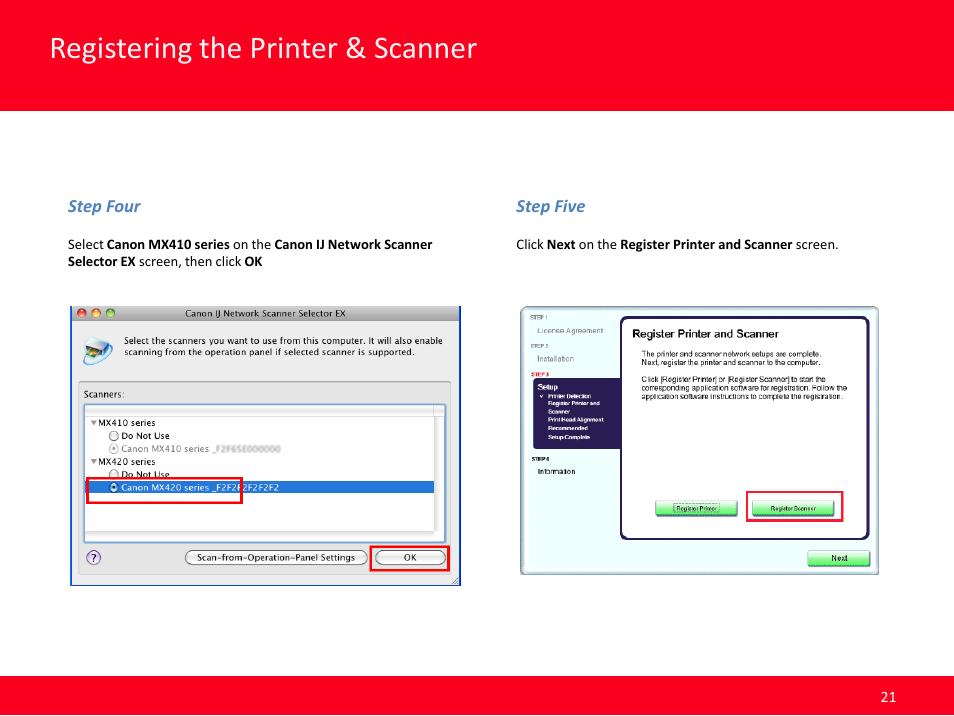 Registering the printer & scanner | Canon MX420 User Manual | Page 21 / 24