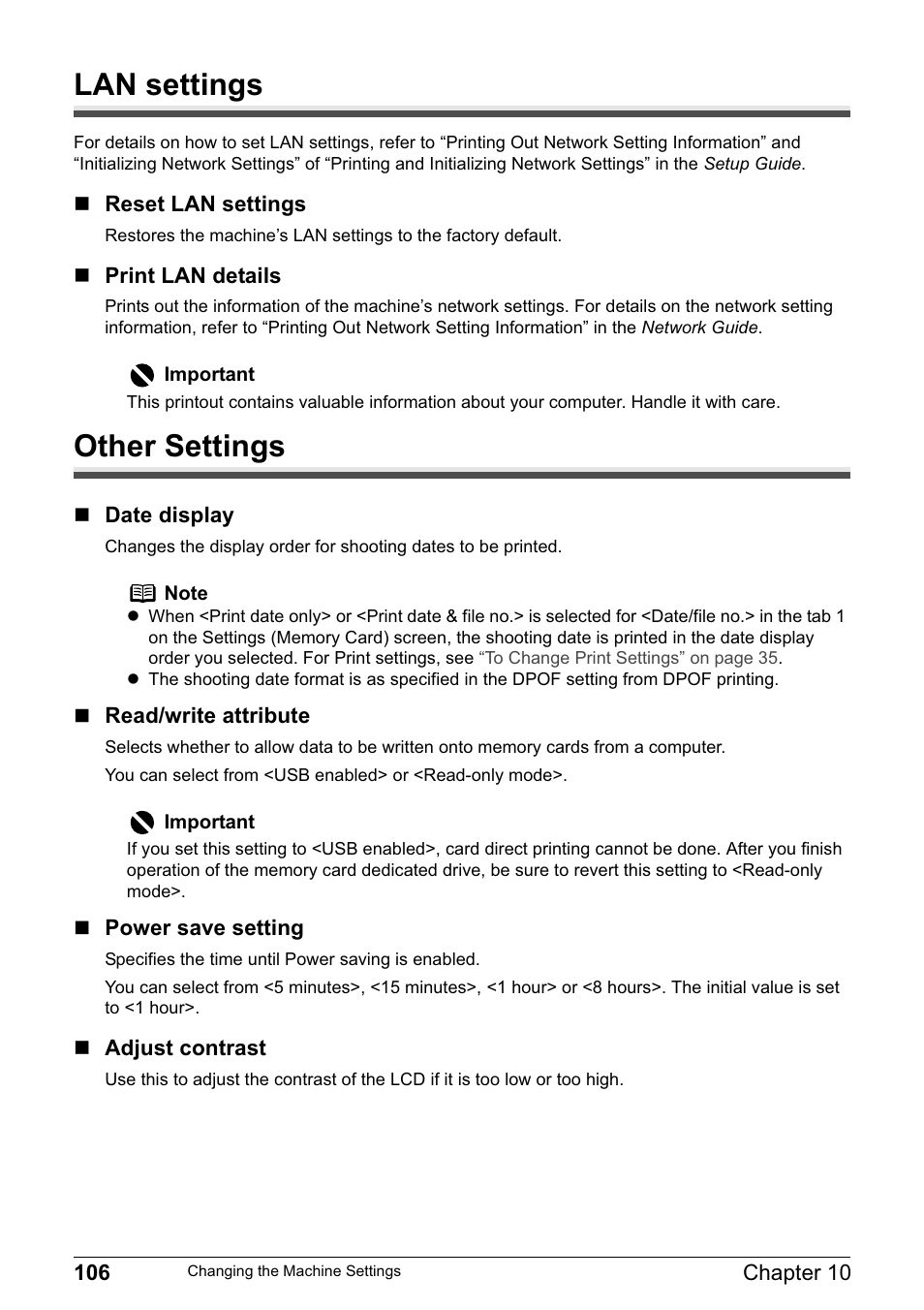 Lan settings, Other settings | Canon MP800R User Manual | Page 108 / 188