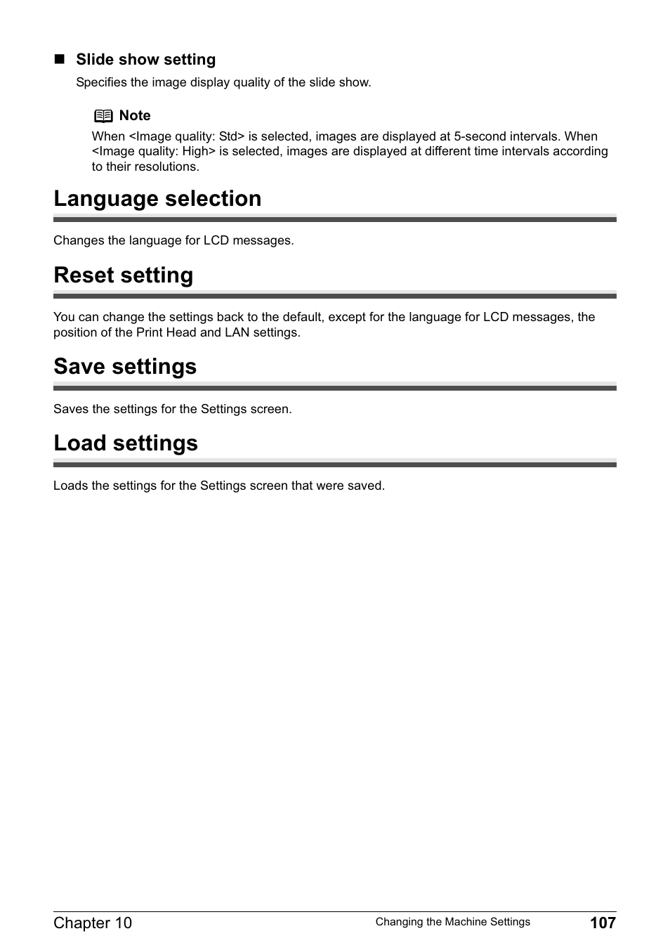 Language selection, Reset setting, Save settings | Load settings | Canon MP800R User Manual | Page 109 / 188