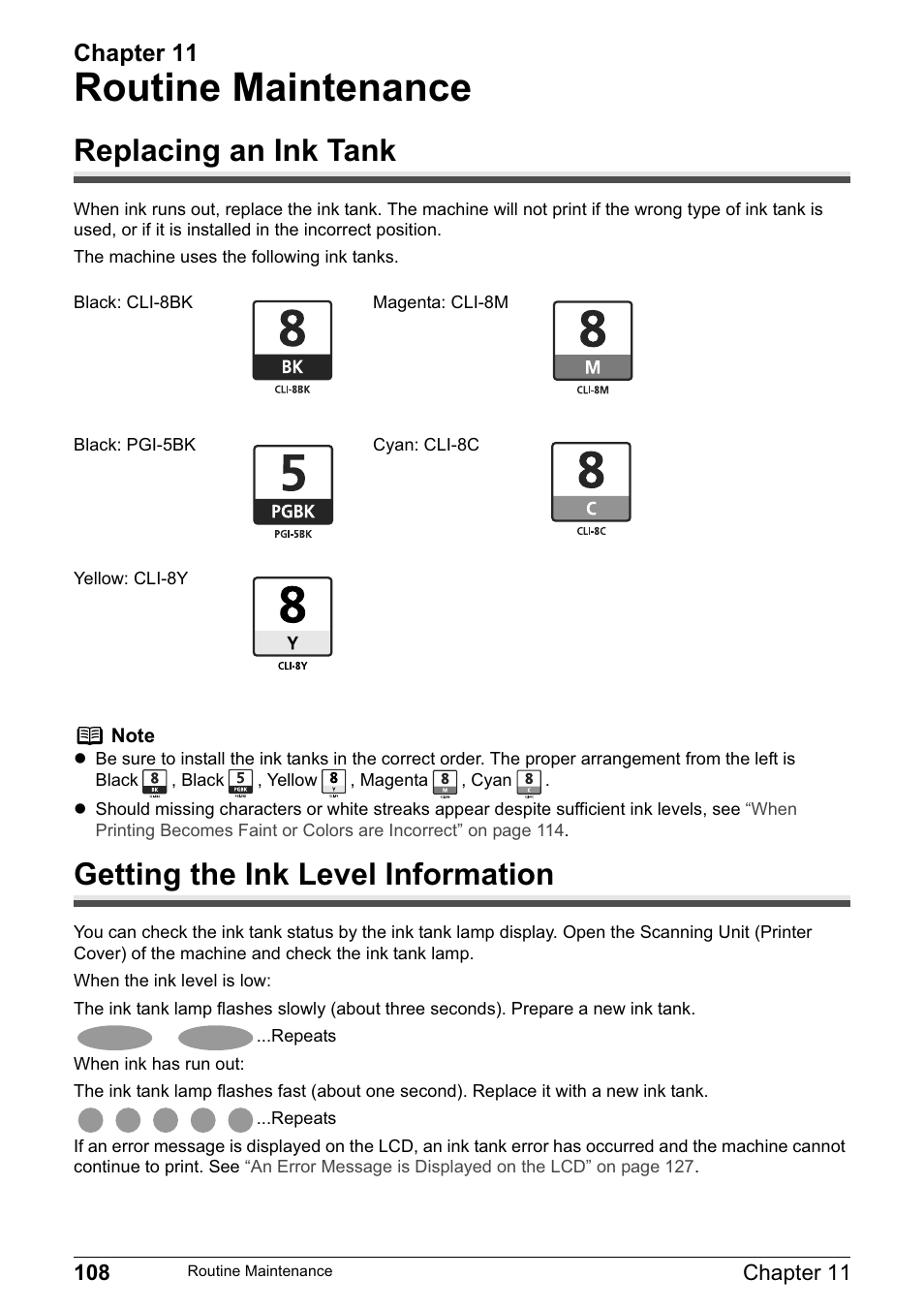 Routine maintenance, Replacing an ink tank, Getting the ink level information | Chapter 11 | Canon MP800R User Manual | Page 110 / 188