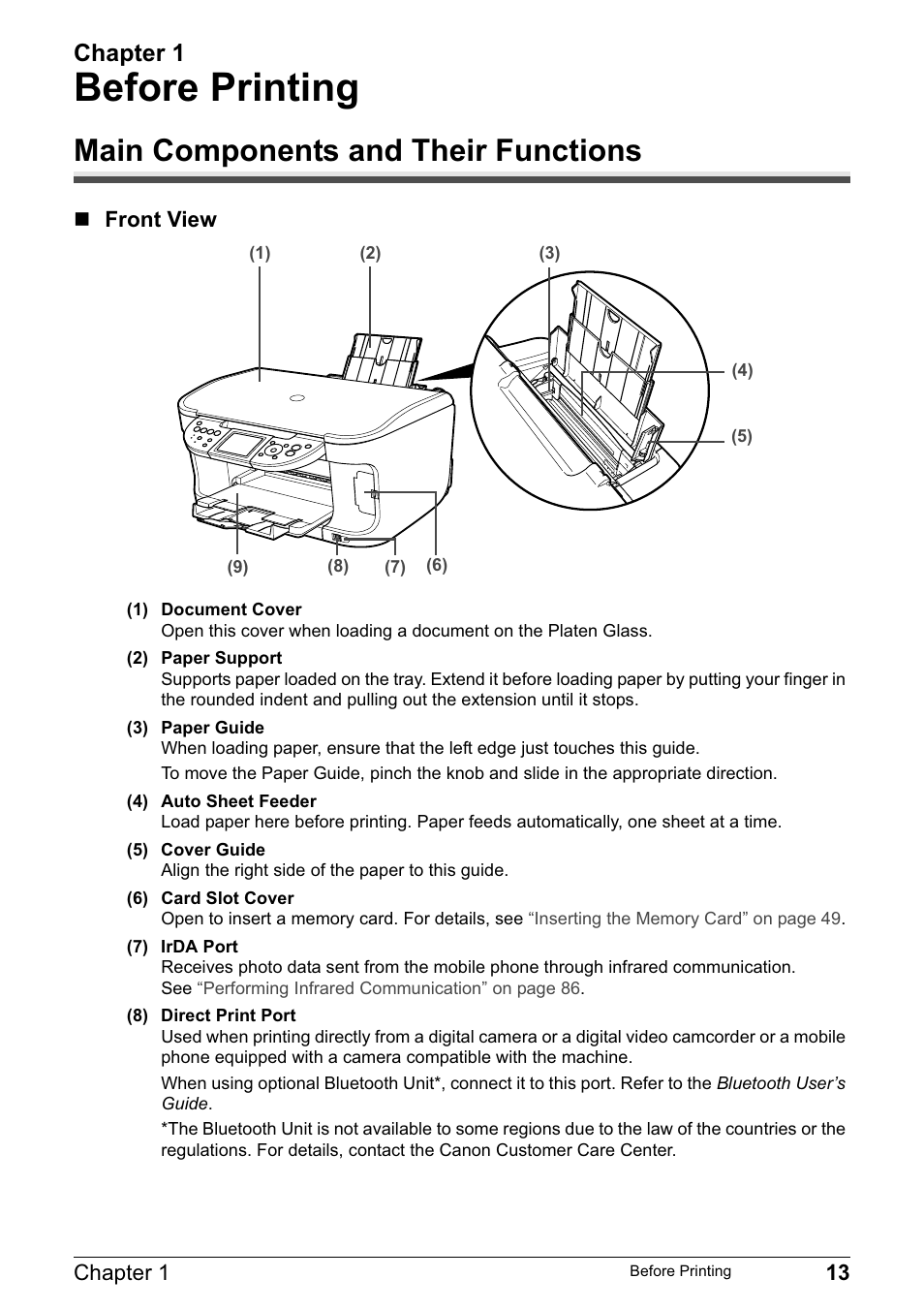 Before printing, Main components and their functions, Chapter 1 | Canon MP800R User Manual | Page 15 / 188