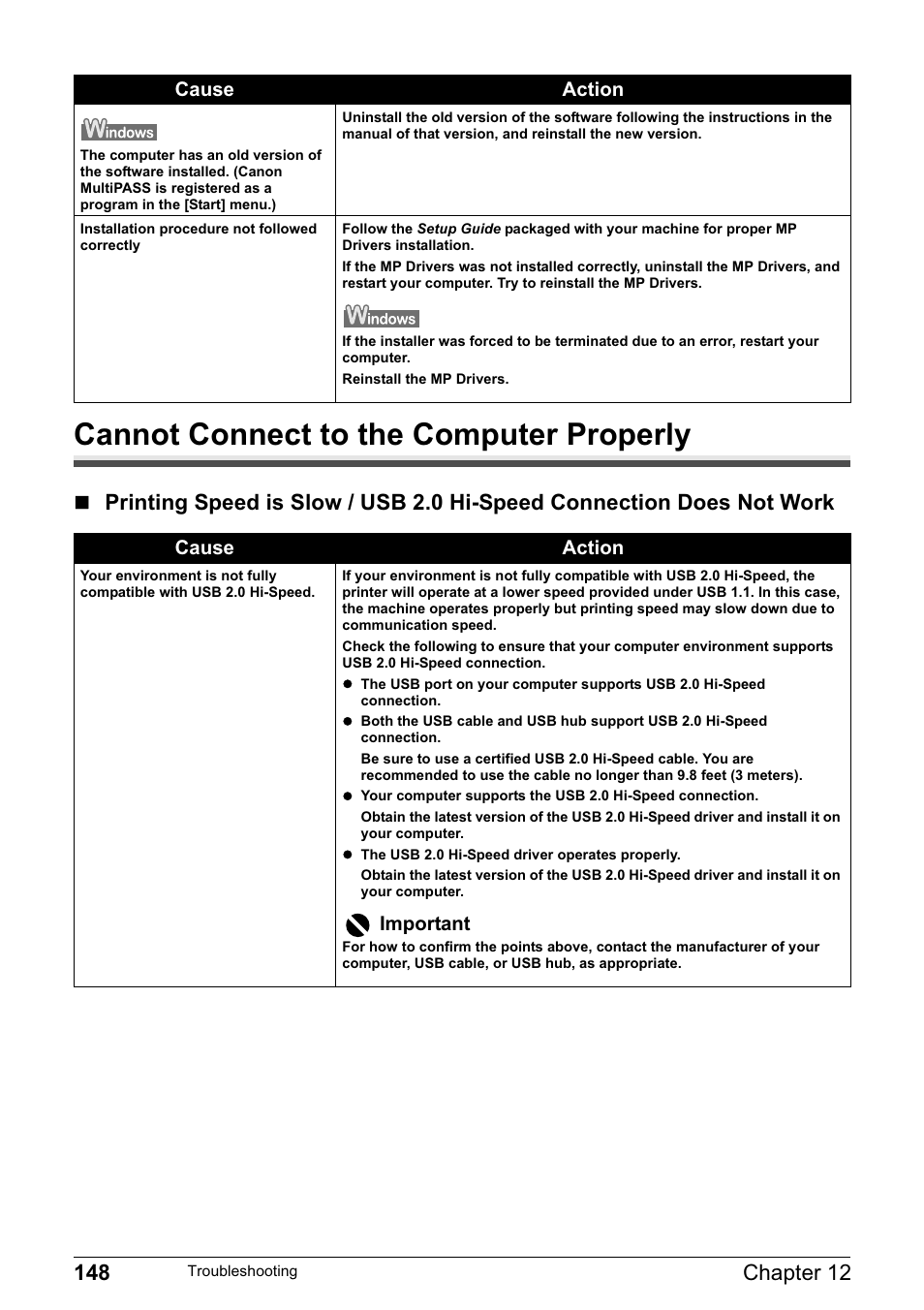 Cannot connect to the computer properly, Cause action, Important | Canon MP800R User Manual | Page 150 / 188