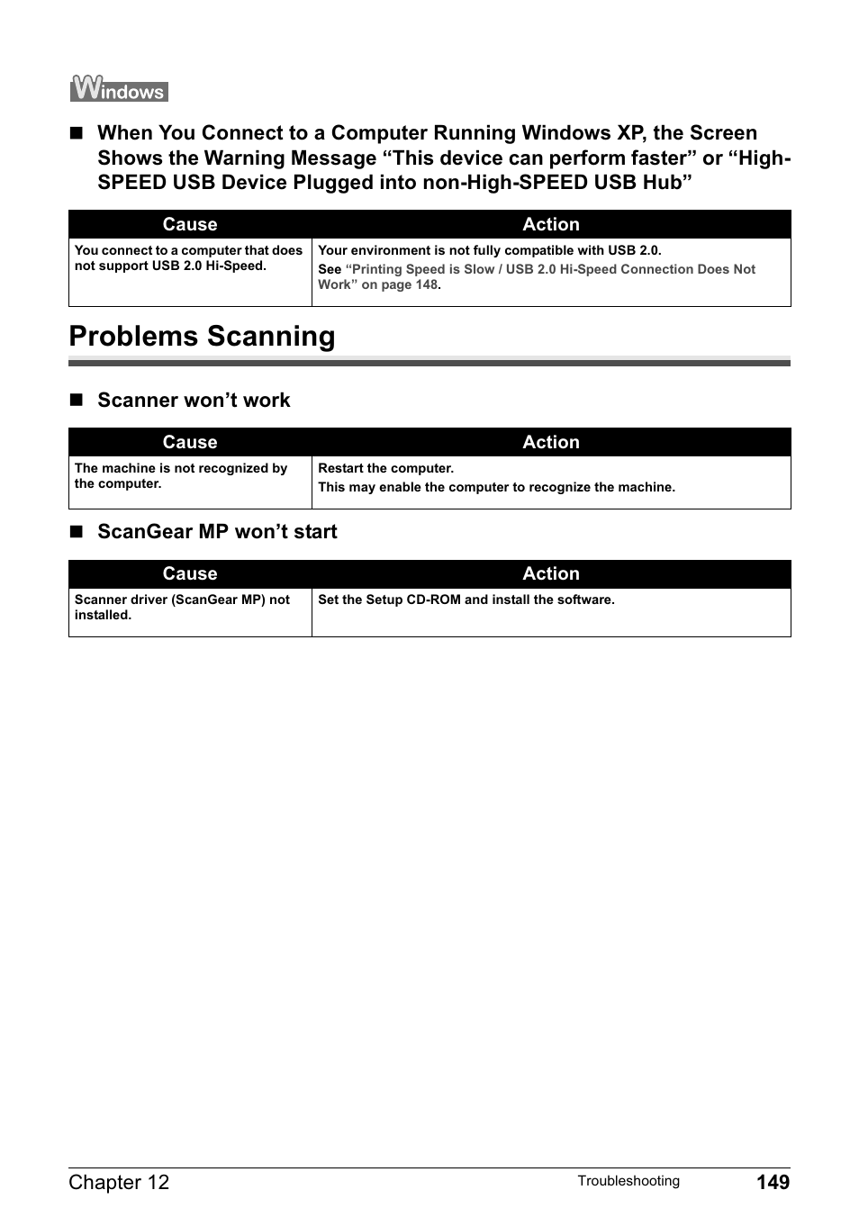 Problems scanning, Scanner won’t work  scangear mp won’t start | Canon MP800R User Manual | Page 151 / 188