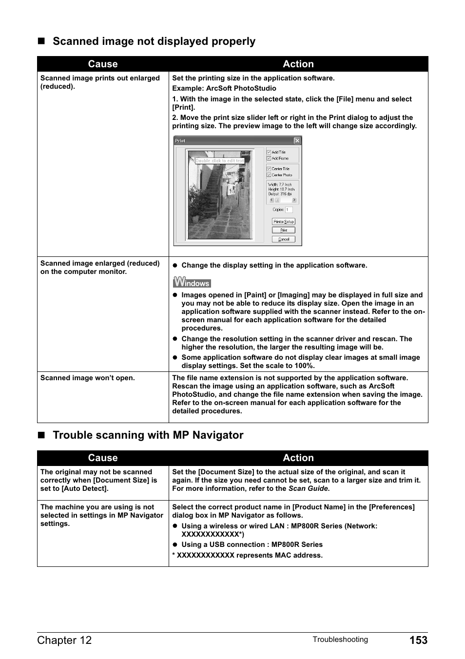 Cause action | Canon MP800R User Manual | Page 155 / 188