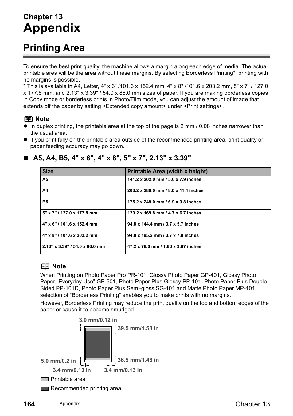 Appendix, Printing area, Chapter 13 | Canon MP800R User Manual | Page 166 / 188