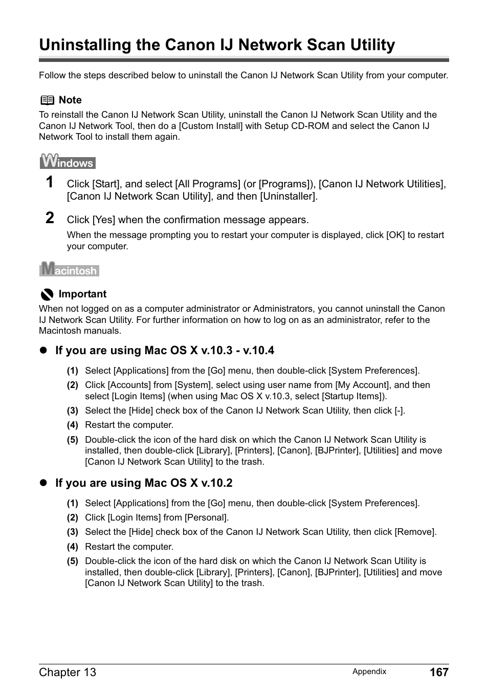 Uninstalling the canon ij network scan utility | Canon MP800R User Manual | Page 169 / 188