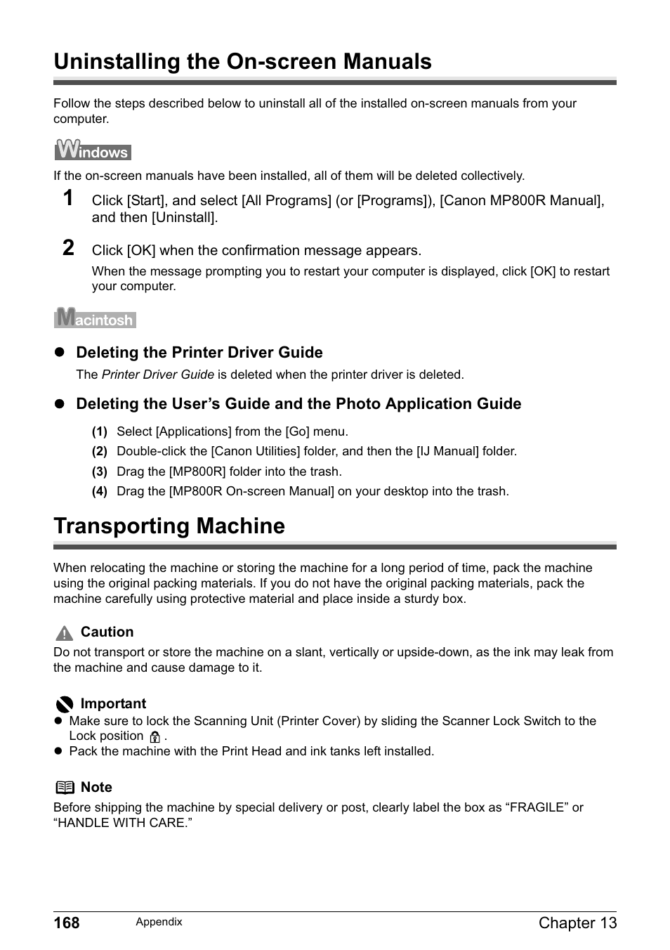Uninstalling the on-screen manuals, Transporting machine | Canon MP800R User Manual | Page 170 / 188
