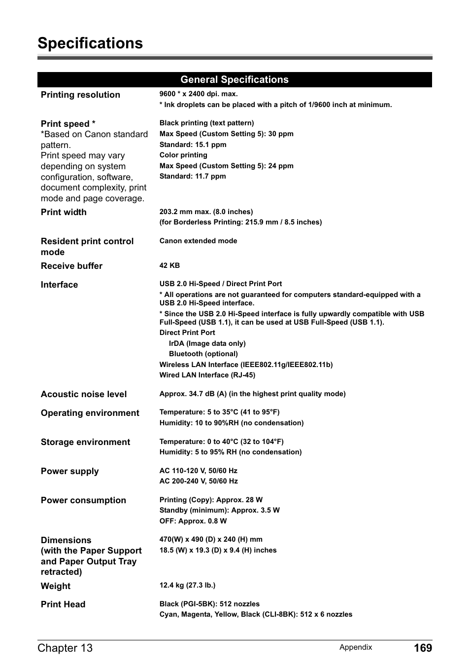 Specifications, General specifications | Canon MP800R User Manual | Page 171 / 188