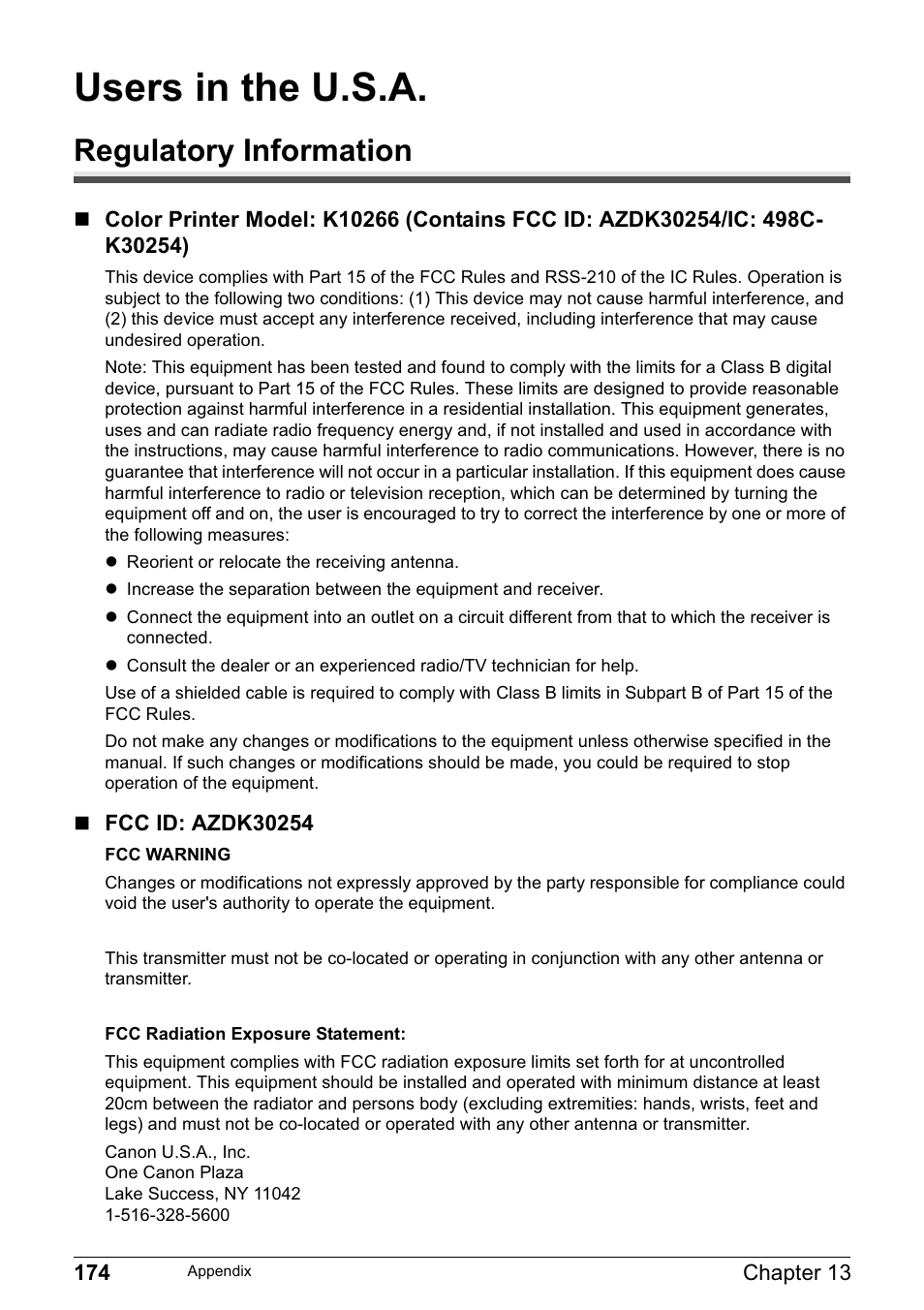 Users in the u.s.a, Regulatory information | Canon MP800R User Manual | Page 176 / 188