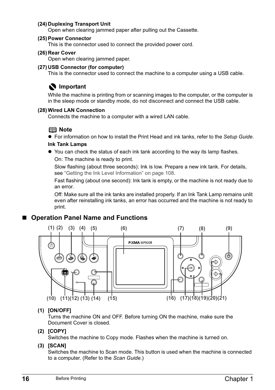 16 chapter 1, Operation panel name and functions | Canon MP800R User Manual | Page 18 / 188