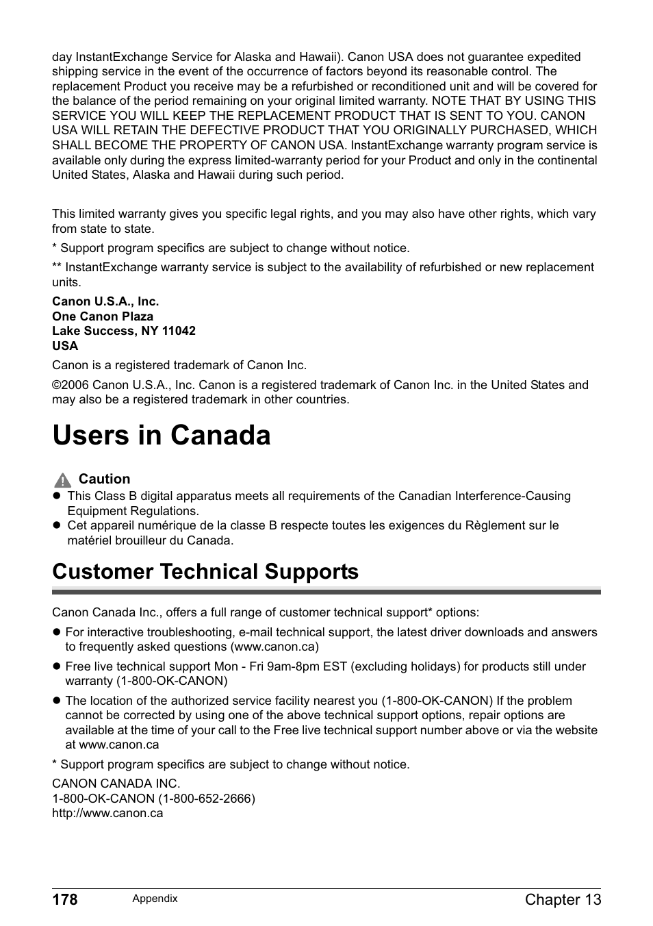 Users in canada, Customer technical supports | Canon MP800R User Manual | Page 180 / 188