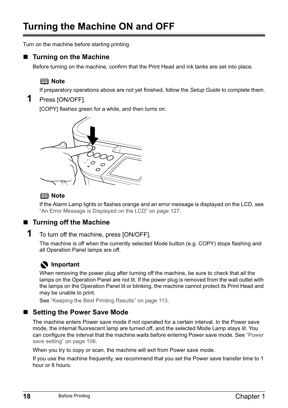 Turning the machine on and off | Canon MP800R User Manual | Page 20 / 188