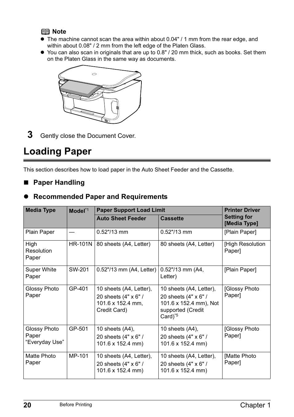 Loading paper, 20 chapter 1 | Canon MP800R User Manual | Page 22 / 188