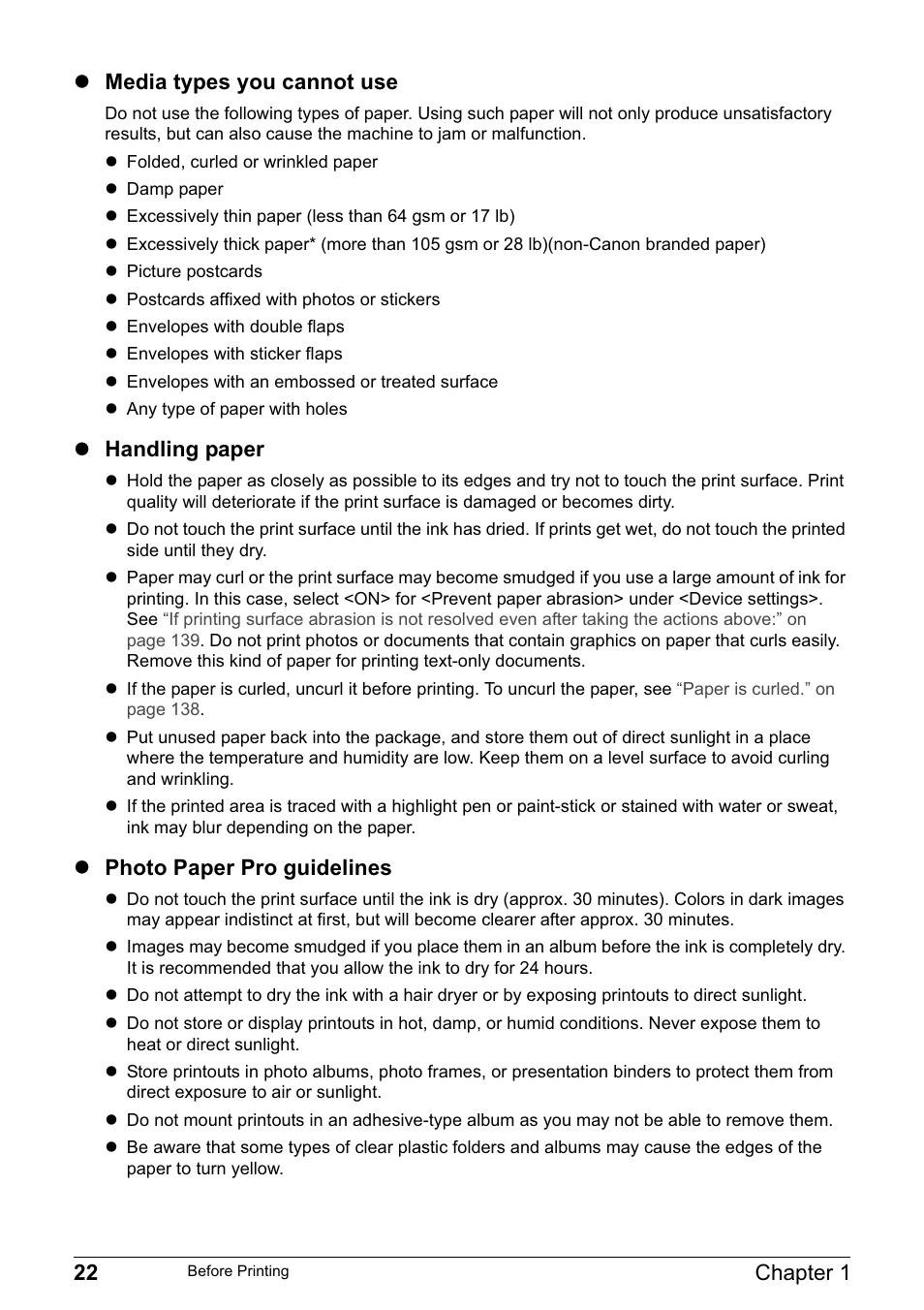 22 chapter 1, Z media types you cannot use, Z handling paper | Z photo paper pro guidelines | Canon MP800R User Manual | Page 24 / 188