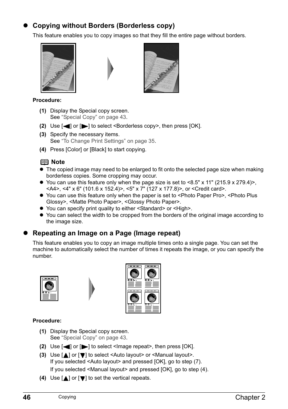 46 chapter 2, Z copying without borders (borderless copy), Z repeating an image on a page (image repeat) | Canon MP800R User Manual | Page 48 / 188