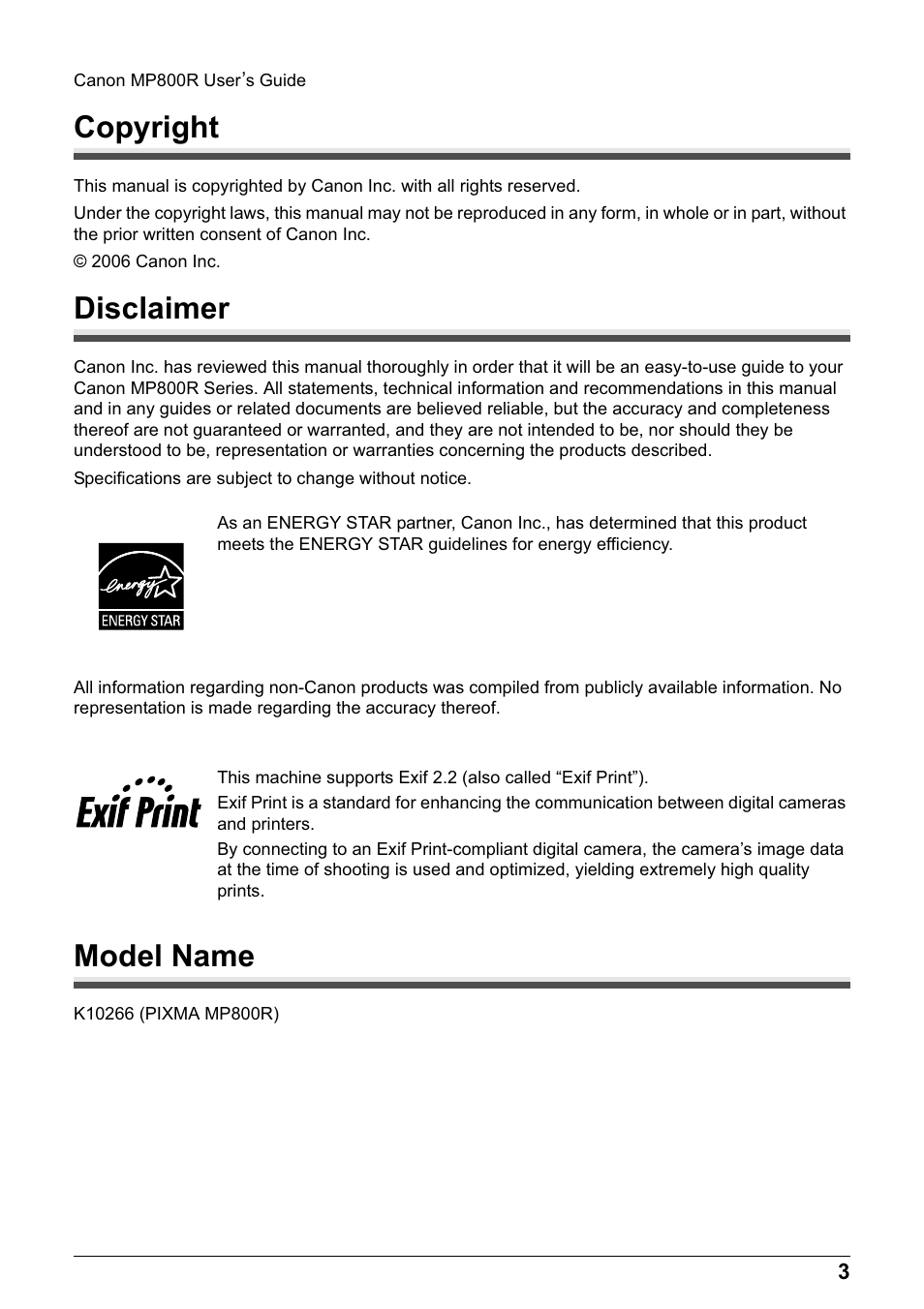 Copyright, Disclaimer, Model name | Canon MP800R User Manual | Page 5 / 188