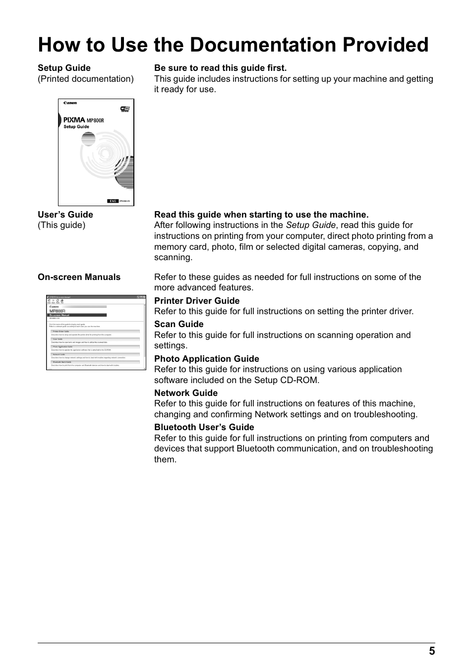 How to use the documentation provided | Canon MP800R User Manual | Page 7 / 188