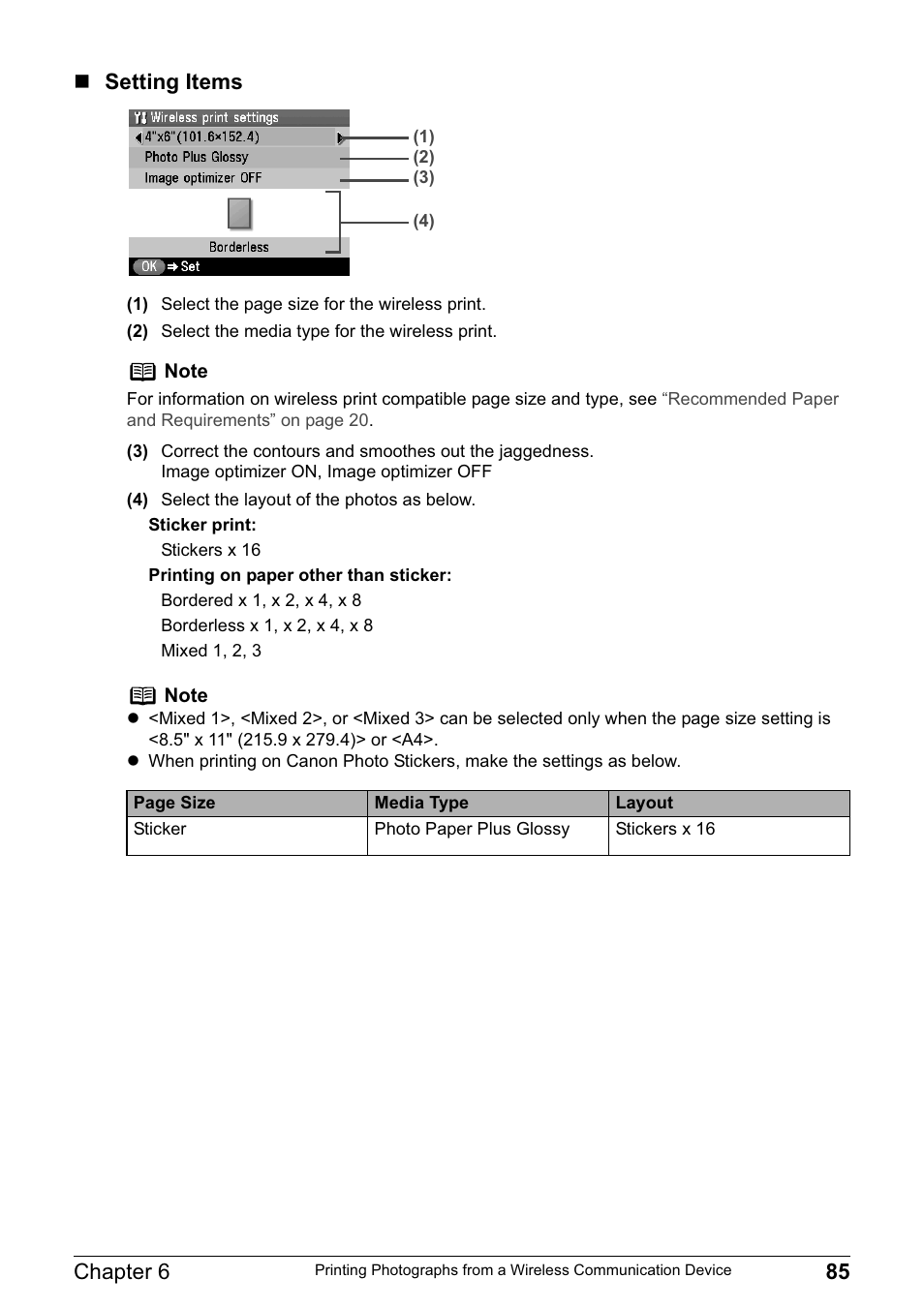 Chapter 6 85, Setting items | Canon MP800R User Manual | Page 87 / 188