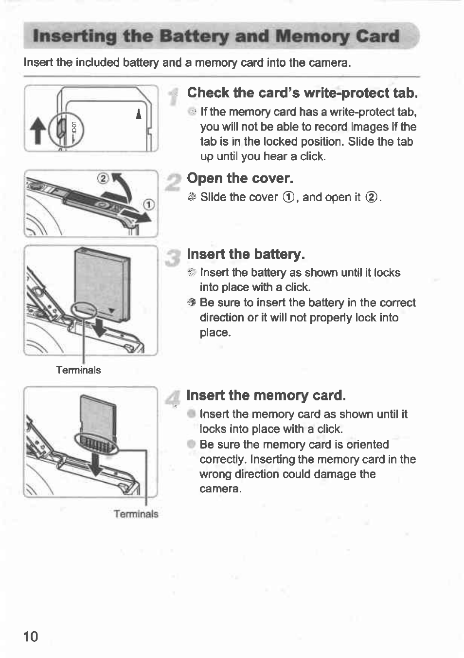 Check the card’s write-protect tab, Open the cover, Insert the battery | Canon IXUS 100 IS User Manual | Page 10 / 36