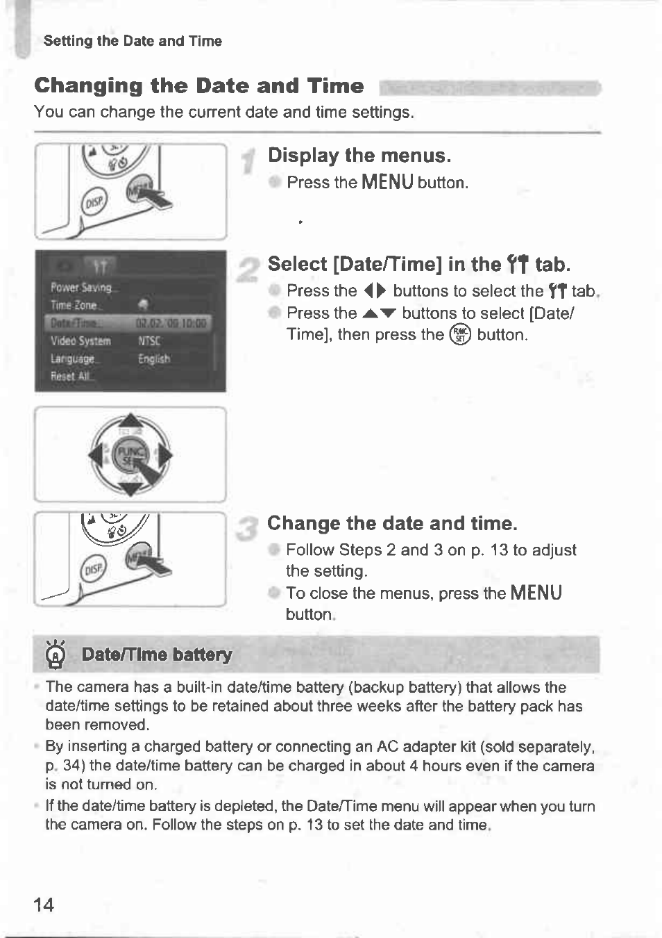 Changing the date and time, Display the menus, Menu | Select [date/time] in the tt tab, Change the date and time, Q date/time battery | Canon IXUS 100 IS User Manual | Page 14 / 36
