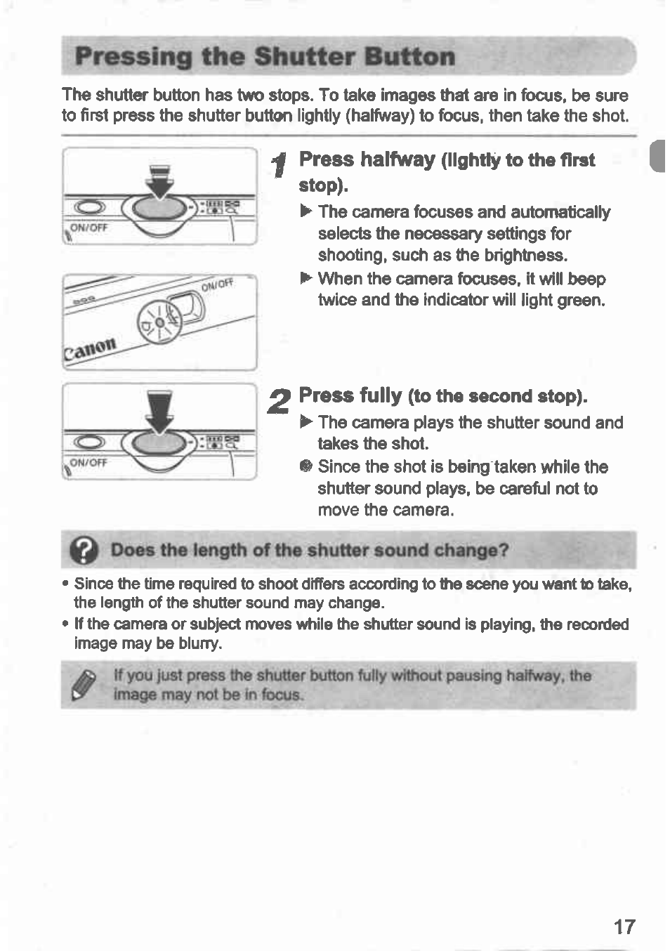 Pressing the shutter button | Canon IXUS 100 IS User Manual | Page 17 / 36