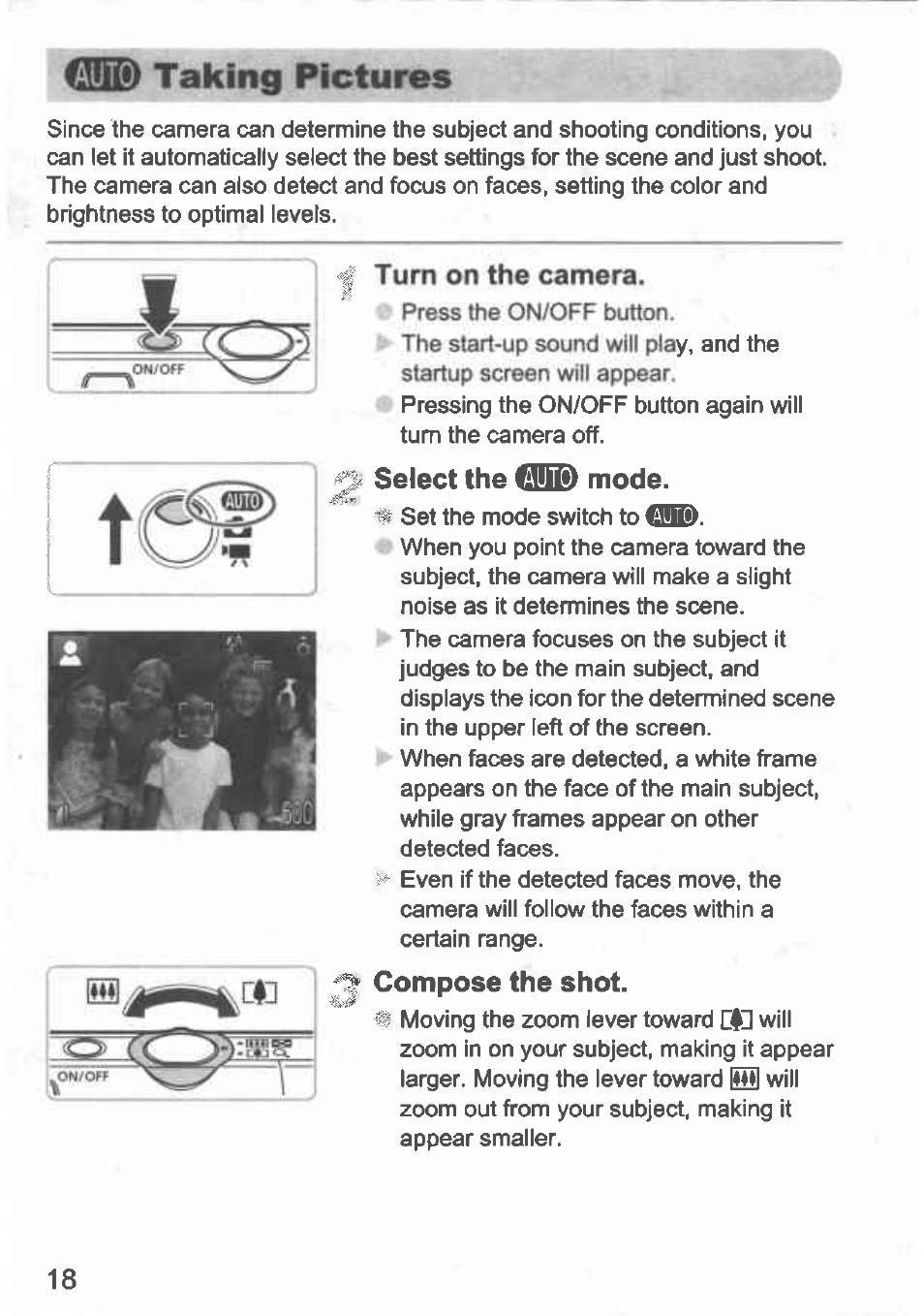 0s) taking pictures, Turn on the camera, Select the tanw mode | Compose the shot | Canon IXUS 100 IS User Manual | Page 18 / 36