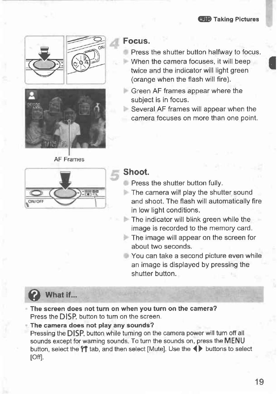 Focus, Shoot, Disp | Menu | Canon IXUS 100 IS User Manual | Page 19 / 36