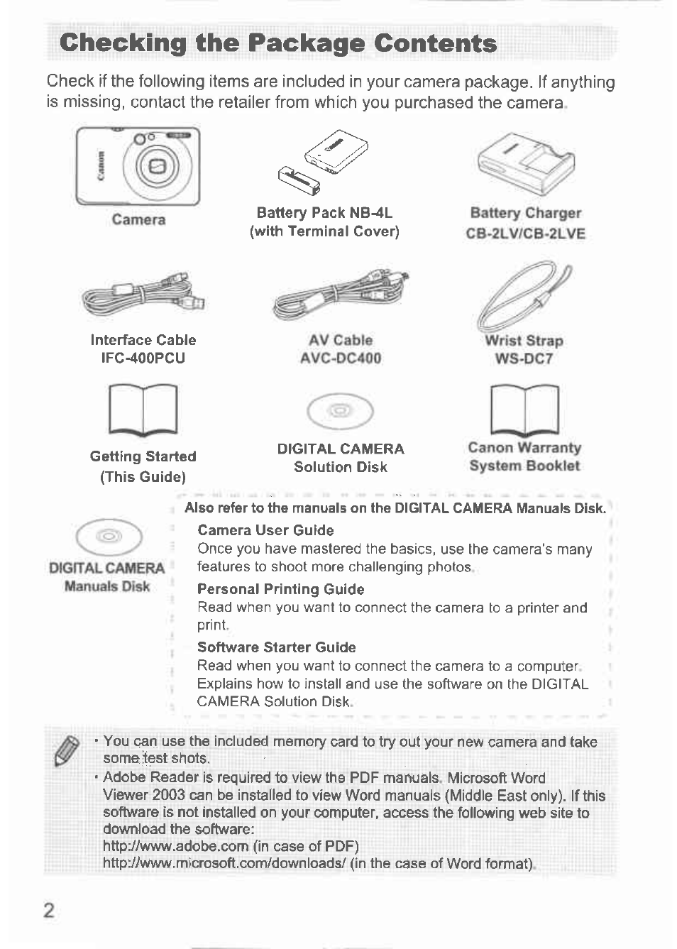 Checking the package contents | Canon IXUS 100 IS User Manual | Page 2 / 36