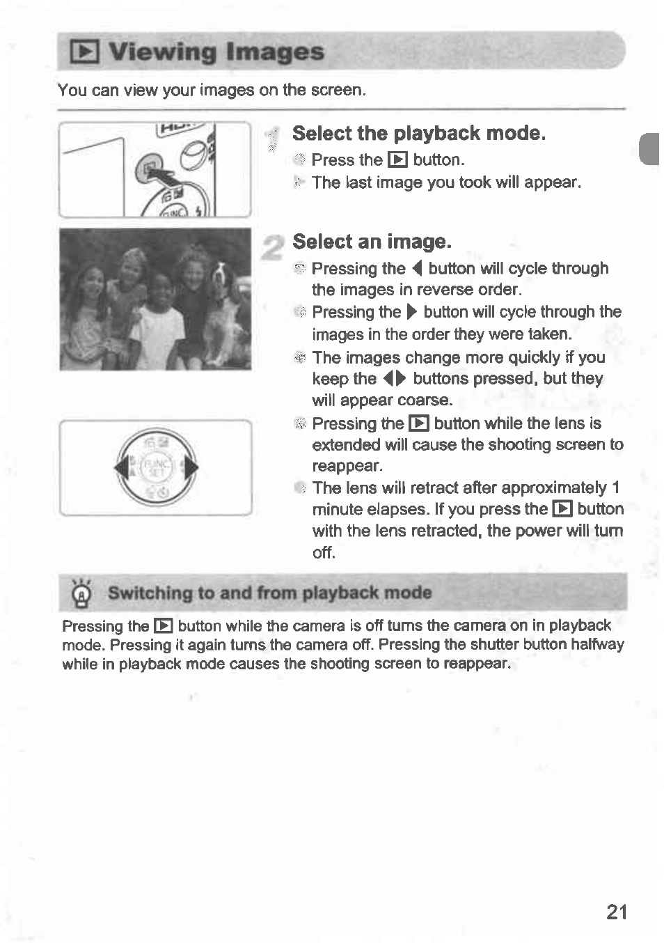 Nn viewing images, Select the playback mode, Select an image | Switching to and from playback mode | Canon IXUS 100 IS User Manual | Page 21 / 36