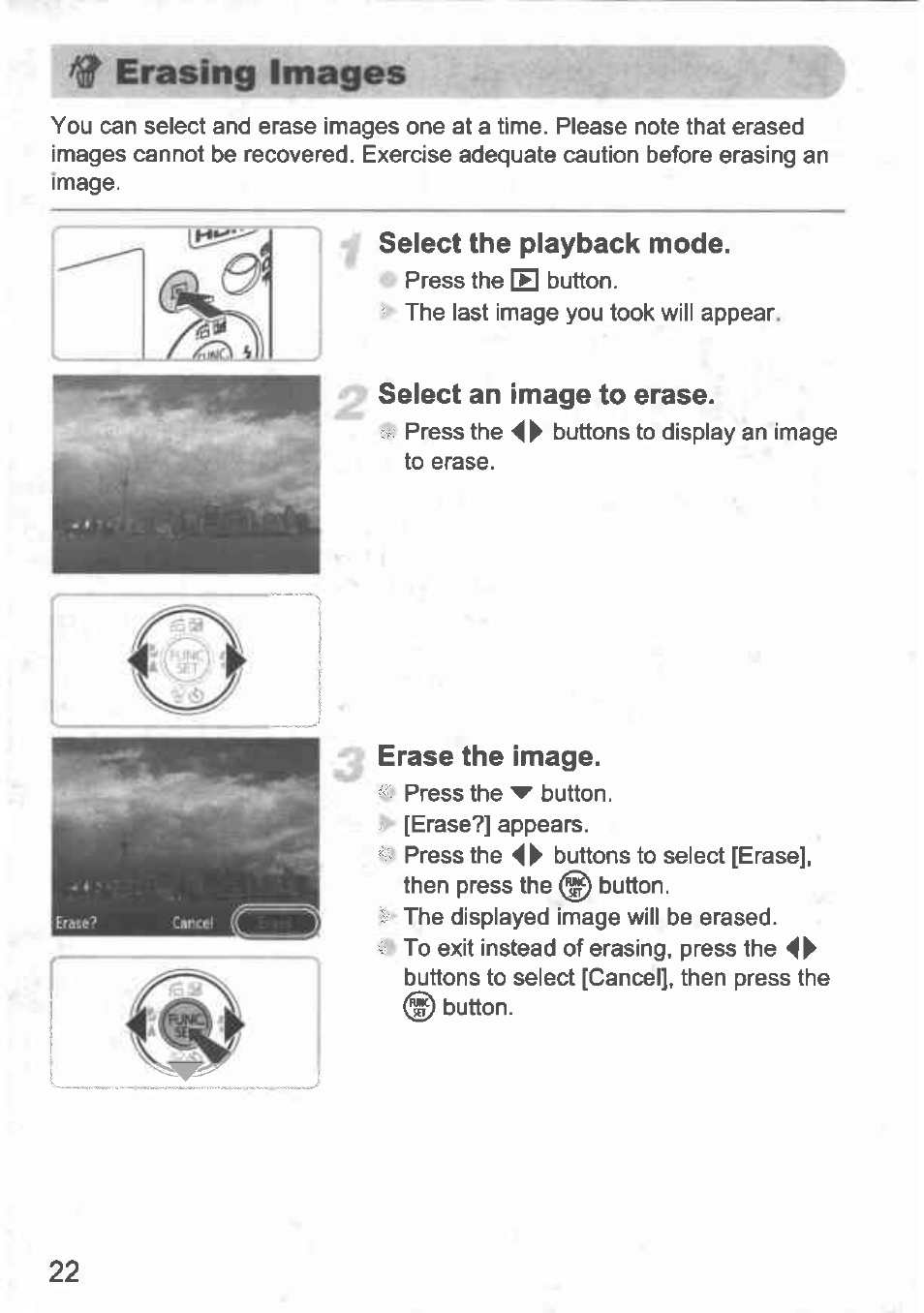 Erasing images, Select the playback mode, Select an image to erase | Erase the image | Canon IXUS 100 IS User Manual | Page 22 / 36