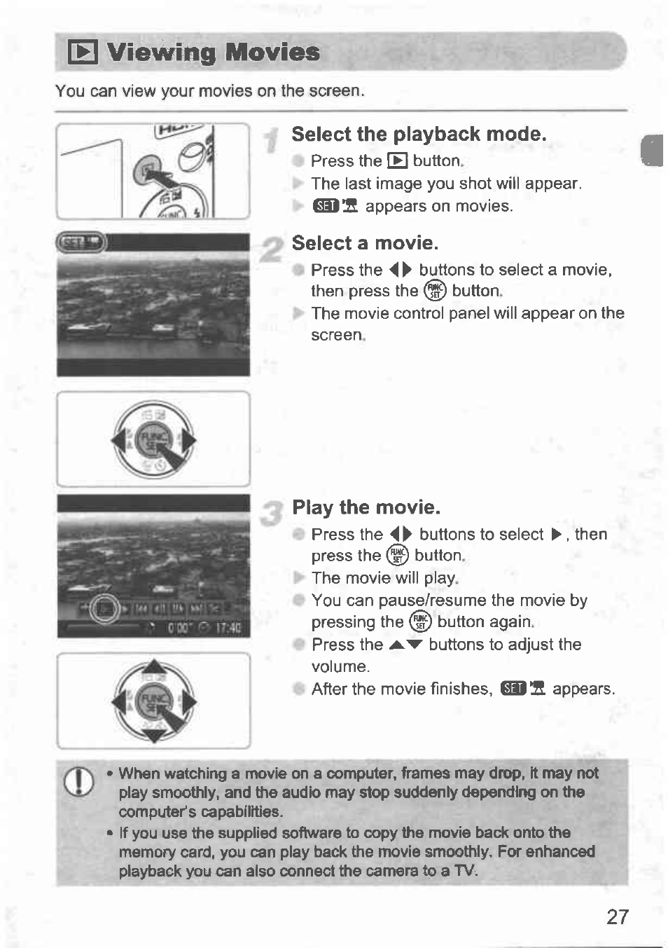 Viewing imovies, Select the playback mode, Select a movie | Play the movie | Canon IXUS 100 IS User Manual | Page 27 / 36